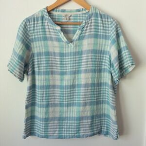 L.L. Bean Blue Green Plaid Linen Blend Top Womens S Short Sleeve‎ Boho C